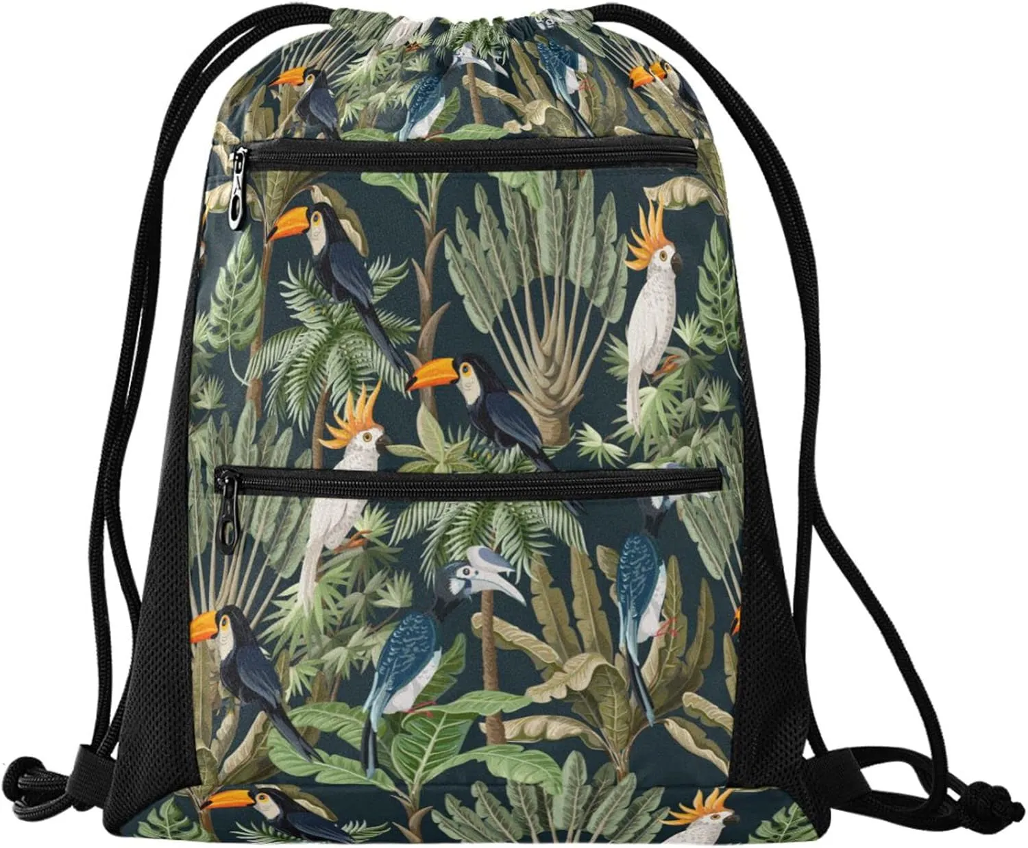 Nannle Large Drawstring Sackpack, Exotic Forest Trees Parrots Birds Sport String Bag with Pockets for Travel Gym Swimming Beach