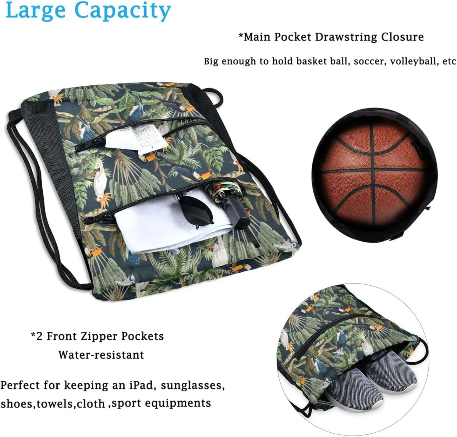 Nannle Large Drawstring Sackpack, Exotic Forest Trees Parrots Birds Sport String Bag with Pockets for Travel Gym Swimming Beach