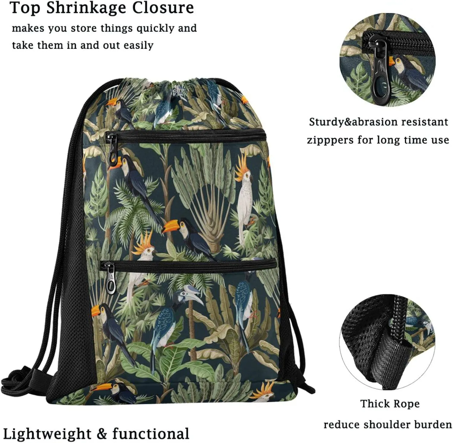 Nannle Large Drawstring Sackpack, Exotic Forest Trees Parrots Birds Sport String Bag with Pockets for Travel Gym Swimming Beach
