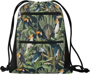 Nannle Large Drawstring Sackpack, Exotic Forest Trees Parrots Birds Sport String Bag with Pockets for Travel Gym Swimming Beach