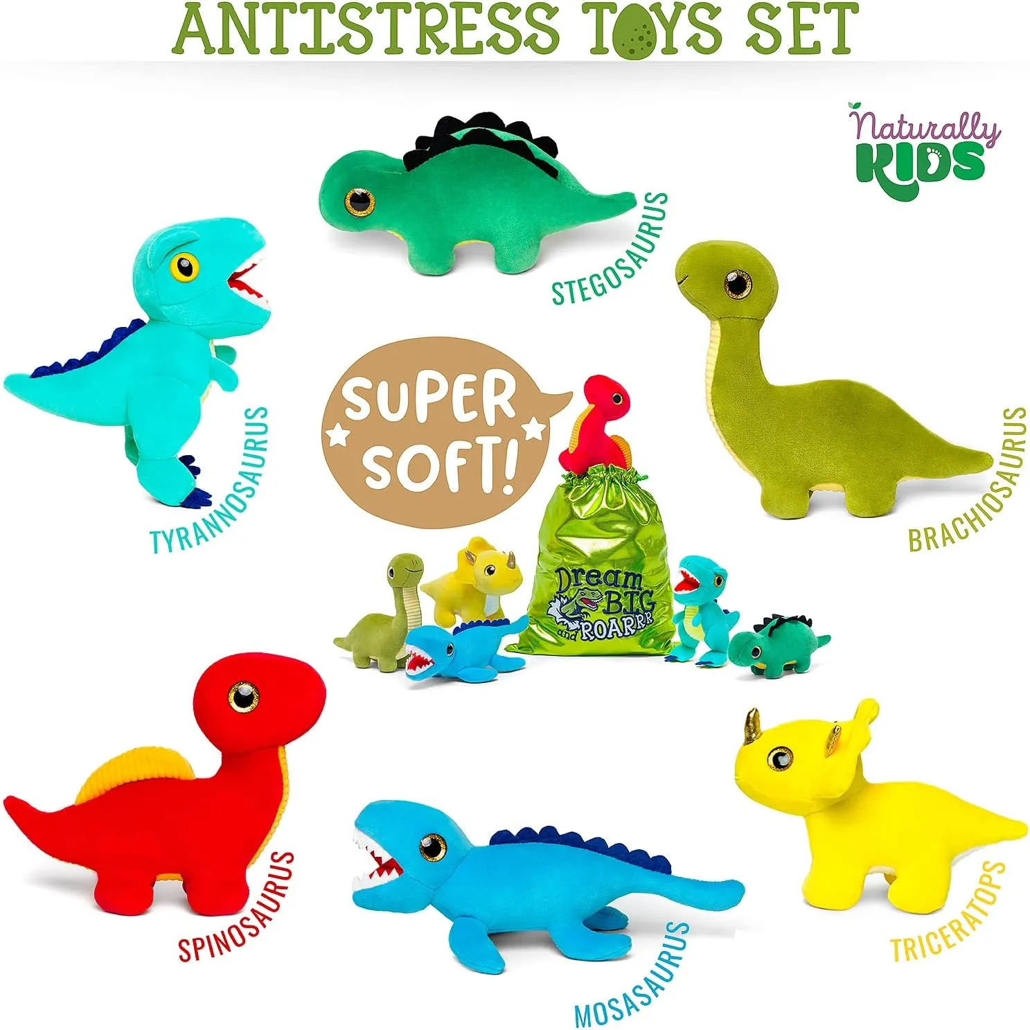 Naturally KIDS Stuffed Animal, Toddler Gifts for Boys, Girls, Plush Dinosaur Toys Set 6