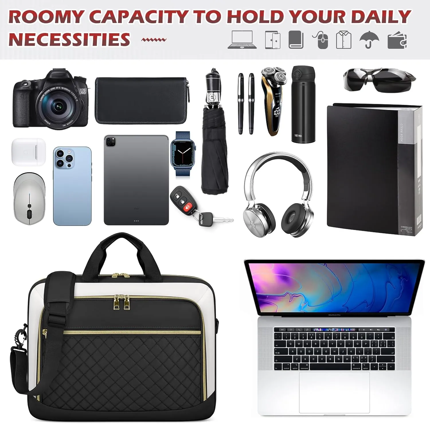 NEWHEY Laptop Bag 17.3 Inch Laptop Briefcase for Women Men Waterproof Shoulder Messenger Bag Large Computer Bag for Business Office Work College, Black&Beige