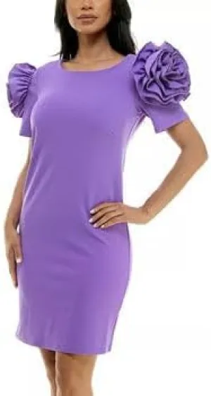 Nina Leonard Shoulder Flower Ruffle Mini Sheath Dress-L, Large, Amethyst
