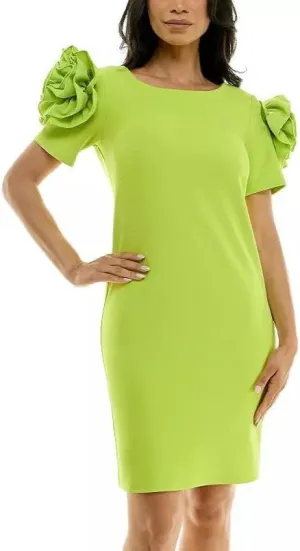 Nina Leonard Shoulder Flower Ruffle Mini Sheath Dress-M