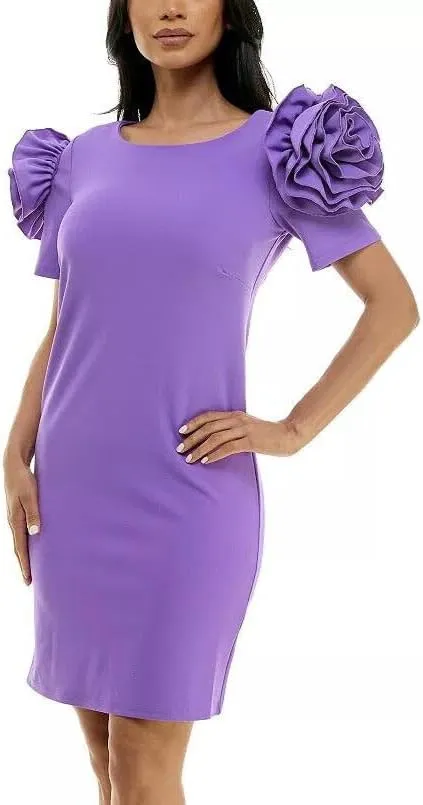 Nina Leonard Shoulder Flower Ruffle Mini Sheath Dress-M