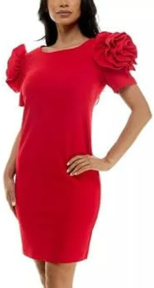 Nina Leonard Shoulder Flower Ruffle Mini Sheath Dress-XL