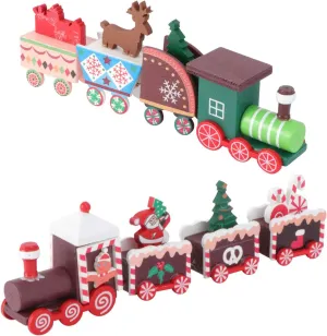 NUOBESTY 2Pcs Wooden Christmas Train Set Toy Cake Toppers Under Christmas Tree Decorations Christmas Table Centerpieces