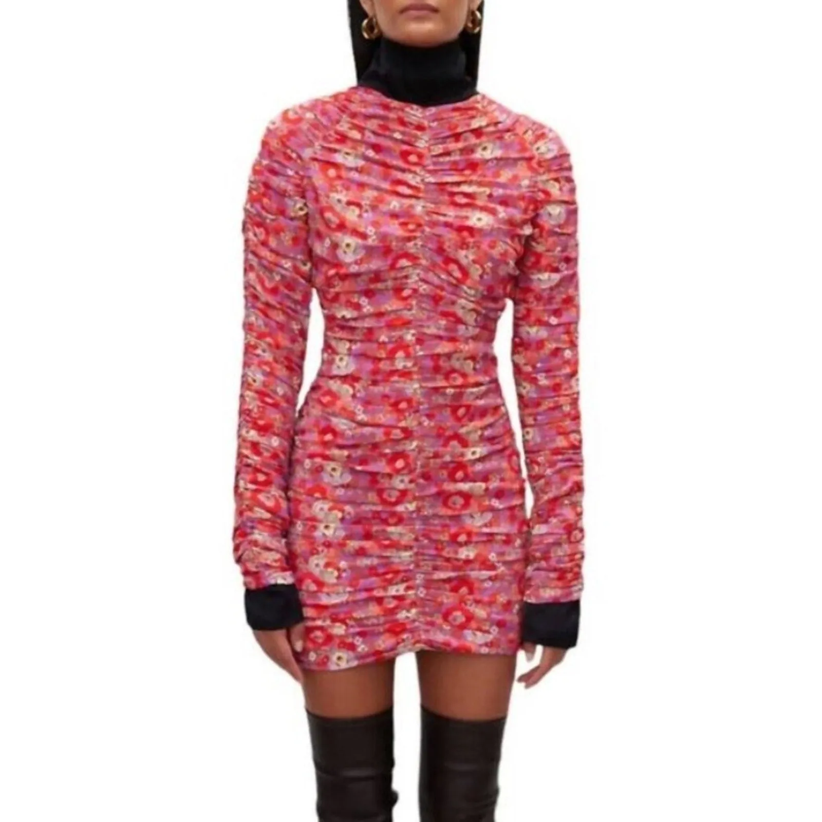 NWT RÓHE Sadie Floral Ruched Bodycon Long Sleeve Mini Dress (4)