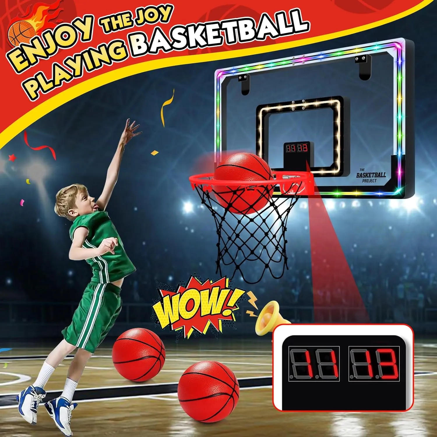 NZQXJXZ Extra Large 26" x 17" Pro Indoor Basketball Hoop Over The Door with LED Lighting Electronic Scoreboard, Mini Basketball Hoop for Kids, for Boys Girls Teens Adults B&R