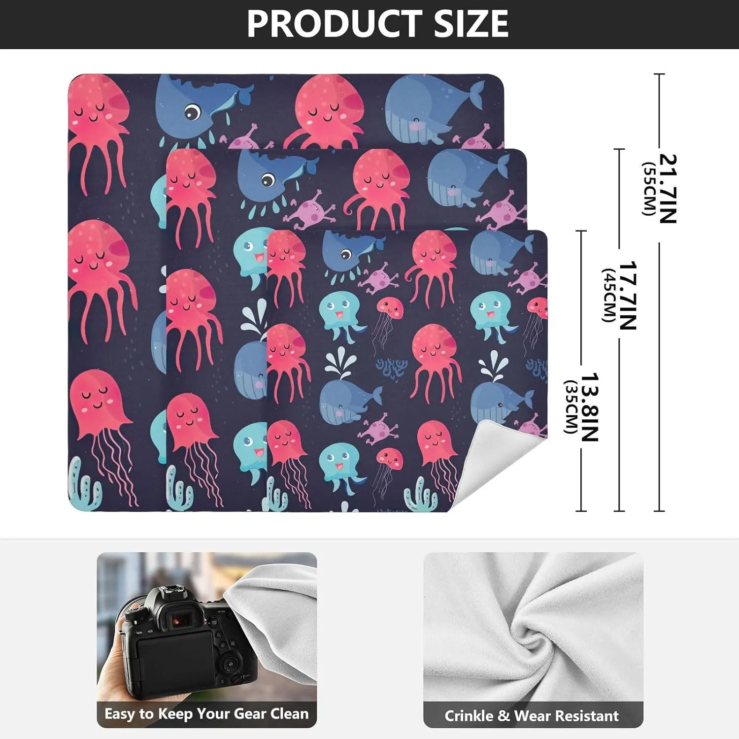 ODAWA Camera Lens Wrap Cloth Cute Sea Creatures Self Adhesive Cloth 17.7"x17.7" Wrap Protection for Camera and Lens