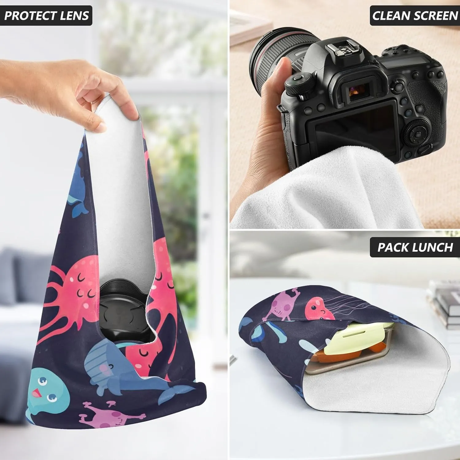 ODAWA Camera Lens Wrap Cloth Cute Sea Creatures Self Adhesive Cloth 17.7"x17.7" Wrap Protection for Camera and Lens