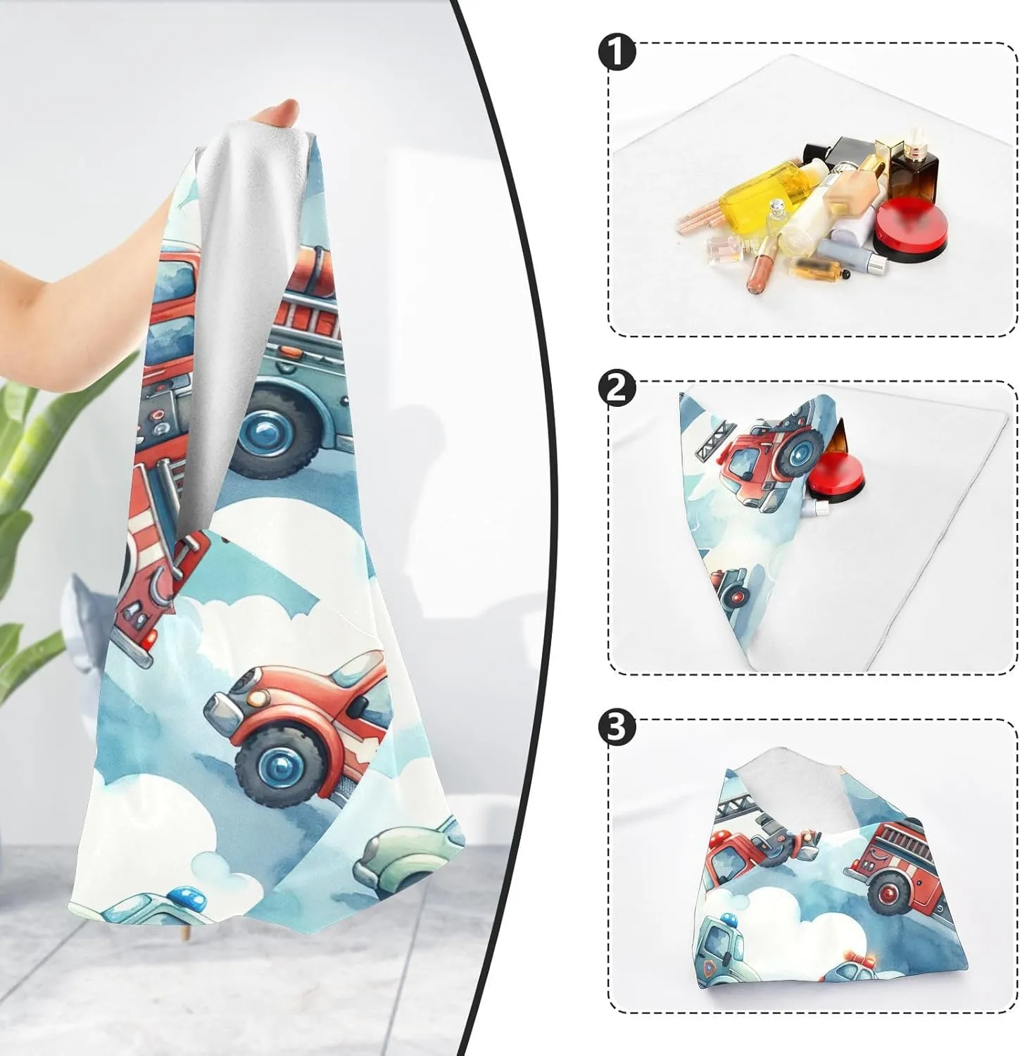 ODAWA Cute Firefighter Trucks Self-adhesive Cloth 17.7X17.7 Inch Makeup Wrap Cloth Bag Magic Self-Adhesive Cloth for Camera, Lens, Laptop