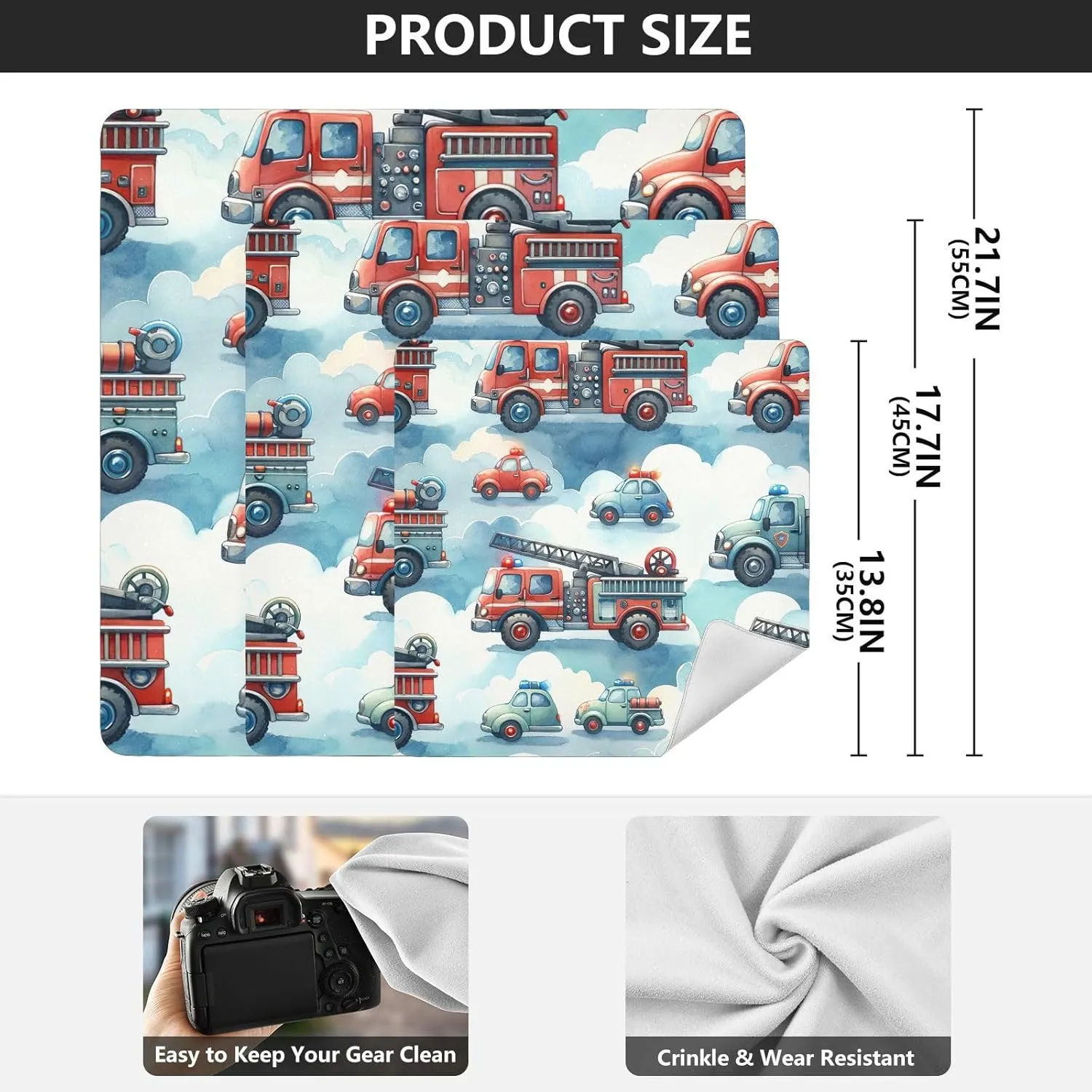 ODAWA Cute Firefighter Trucks Self-adhesive Cloth 17.7X17.7 Inch Makeup Wrap Cloth Bag Magic Self-Adhesive Cloth for Camera, Lens, Laptop