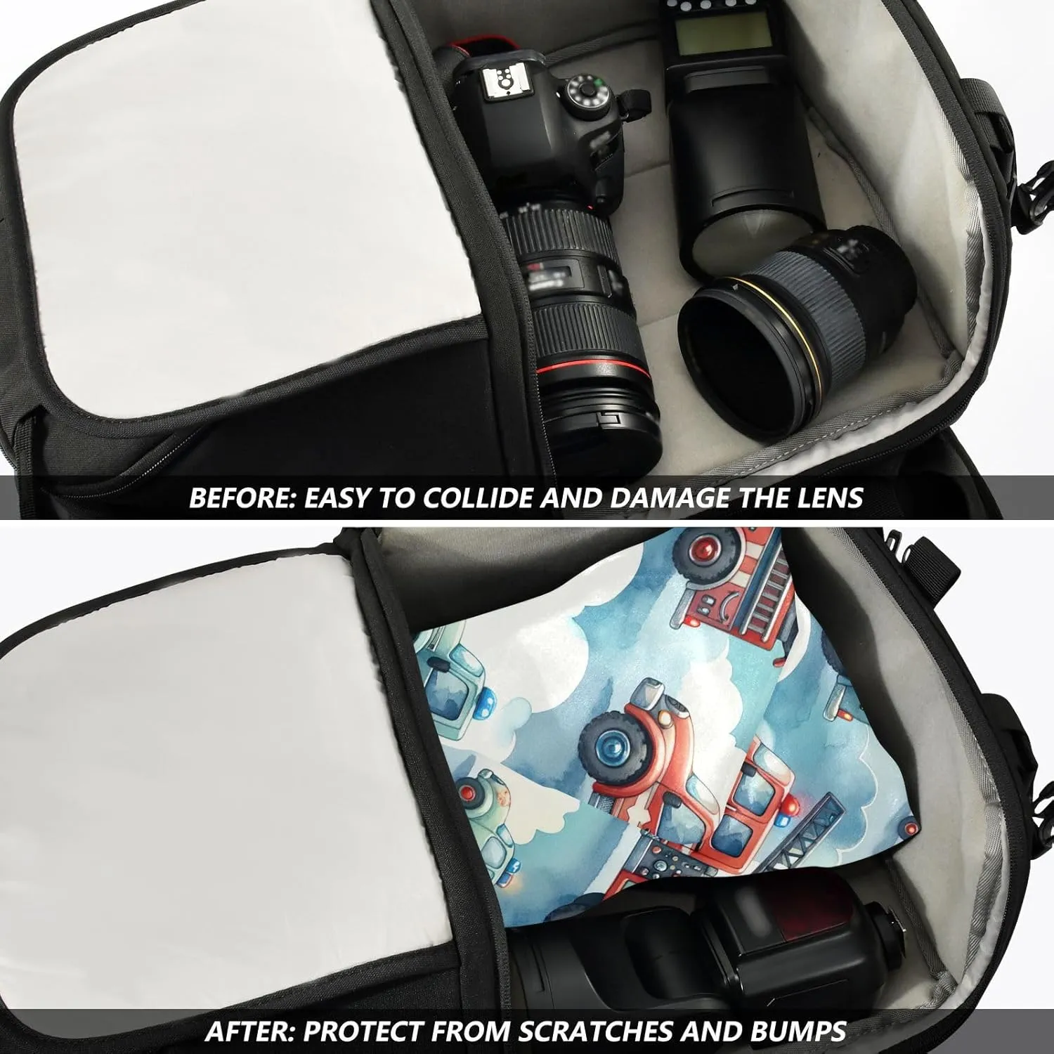 ODAWA Cute Firefighter Trucks Self-adhesive Cloth 17.7X17.7 Inch Makeup Wrap Cloth Bag Magic Self-Adhesive Cloth for Camera, Lens, Laptop