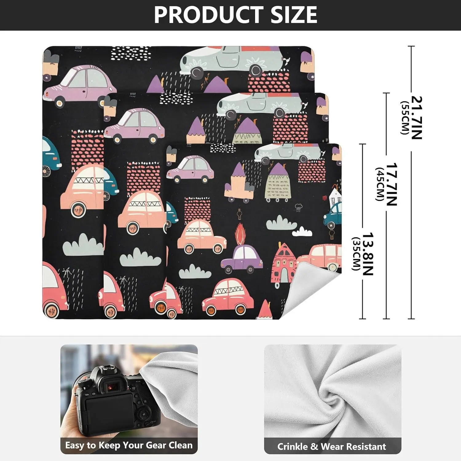 ODAWA Cute Pastel Cars 21.7"x21.7" Self-adhesive Cloth Protective Camera Lens Wrap, Easy-Storage Magic Cloths for Camera Tablet Laptop