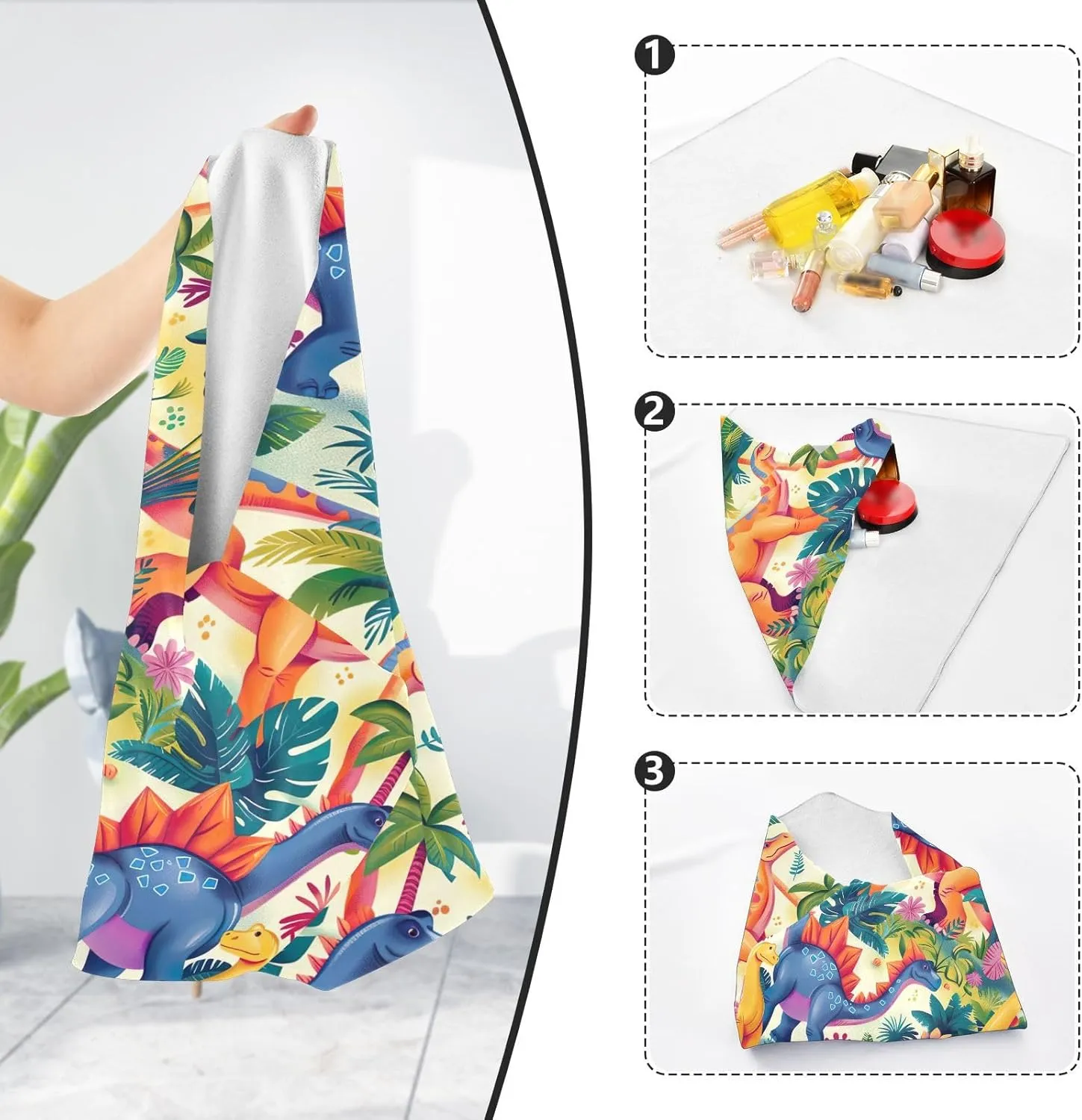 ODAWA Self-adhesive Magic Cloth Makeup Bag 17.7 In, Cute Dino Jungle Multicolor Magic Self-adhesive Storage Protective Cloth Tablet Laptop