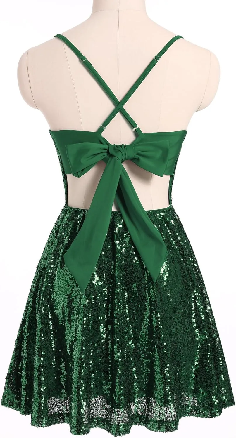 ODIZLI Women's Sexy Sparkle Sequins Glitters Tie Back Ruffle Mini Dress Homecoming Prom Dress