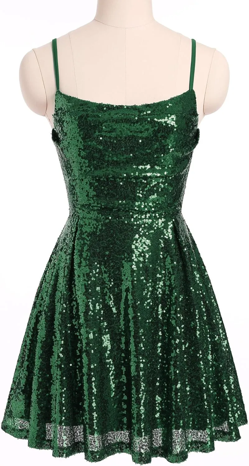 ODIZLI Women's Sexy Sparkle Sequins Glitters Tie Back Ruffle Mini Dress Homecoming Prom Dress