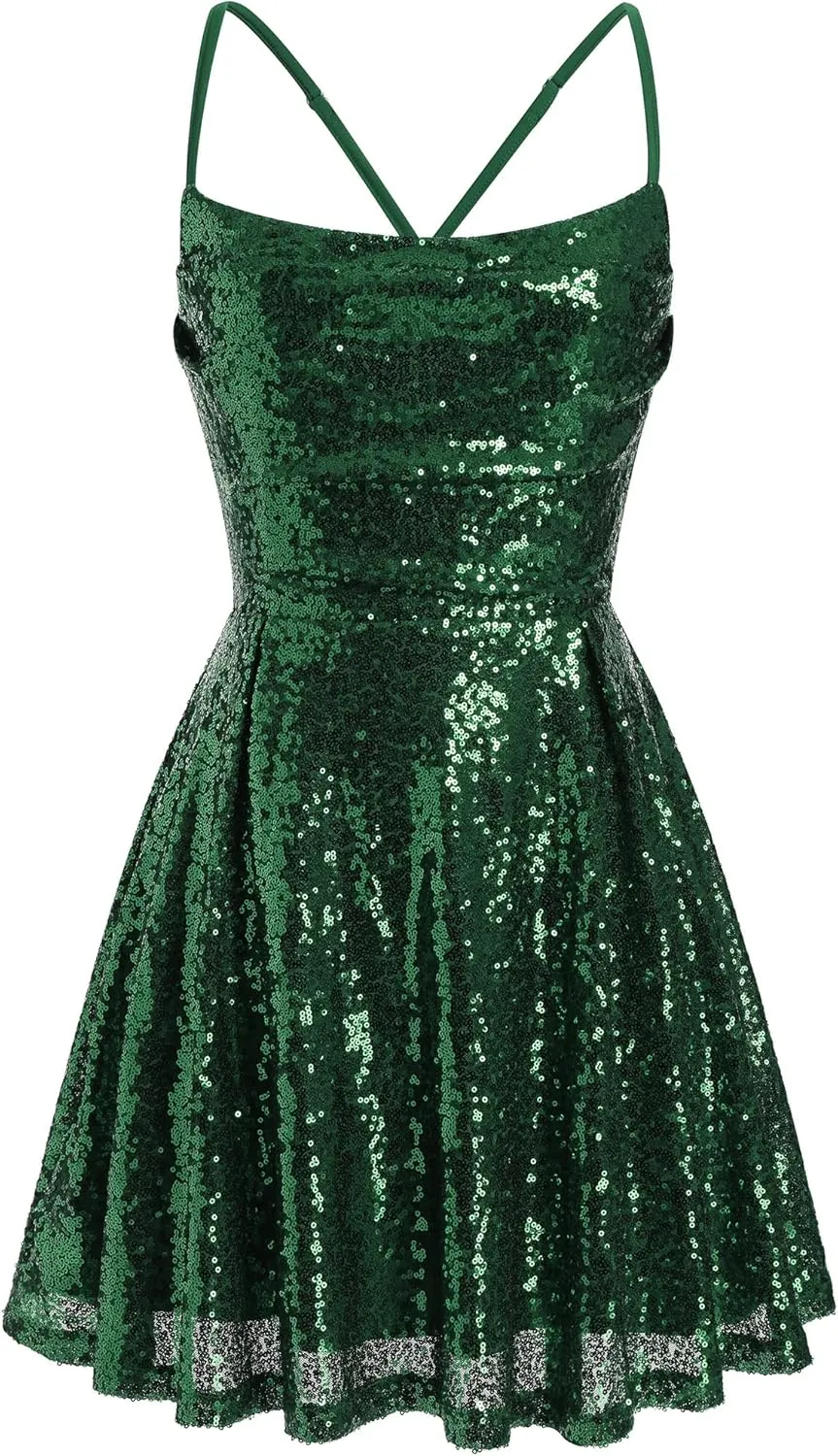 ODIZLI Women's Sexy Sparkle Sequins Glitters Tie Back Ruffle Mini Dress Homecoming Prom Dress