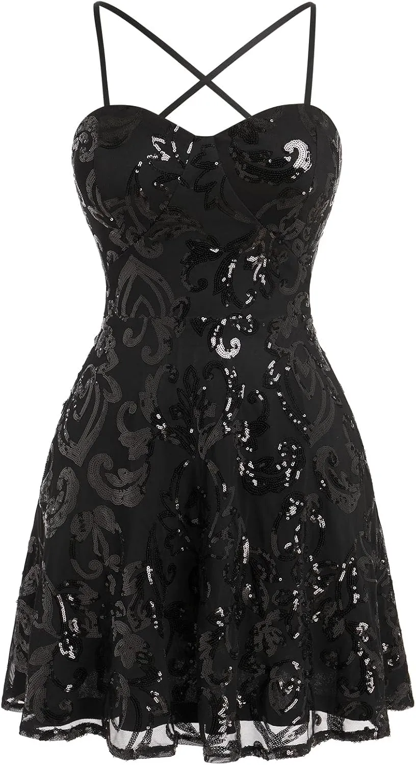 ODIZLI Women's Spaghetti Straps Sparkly Sequins A Line Swing Party Nightclub Dance Mini Dress Above Knee Length