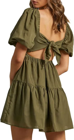 OWNGIGI Women's Summer Dress Square Neck Puffy Short Sleeve Loose Tie Back Casual A-Line Mini Dresses