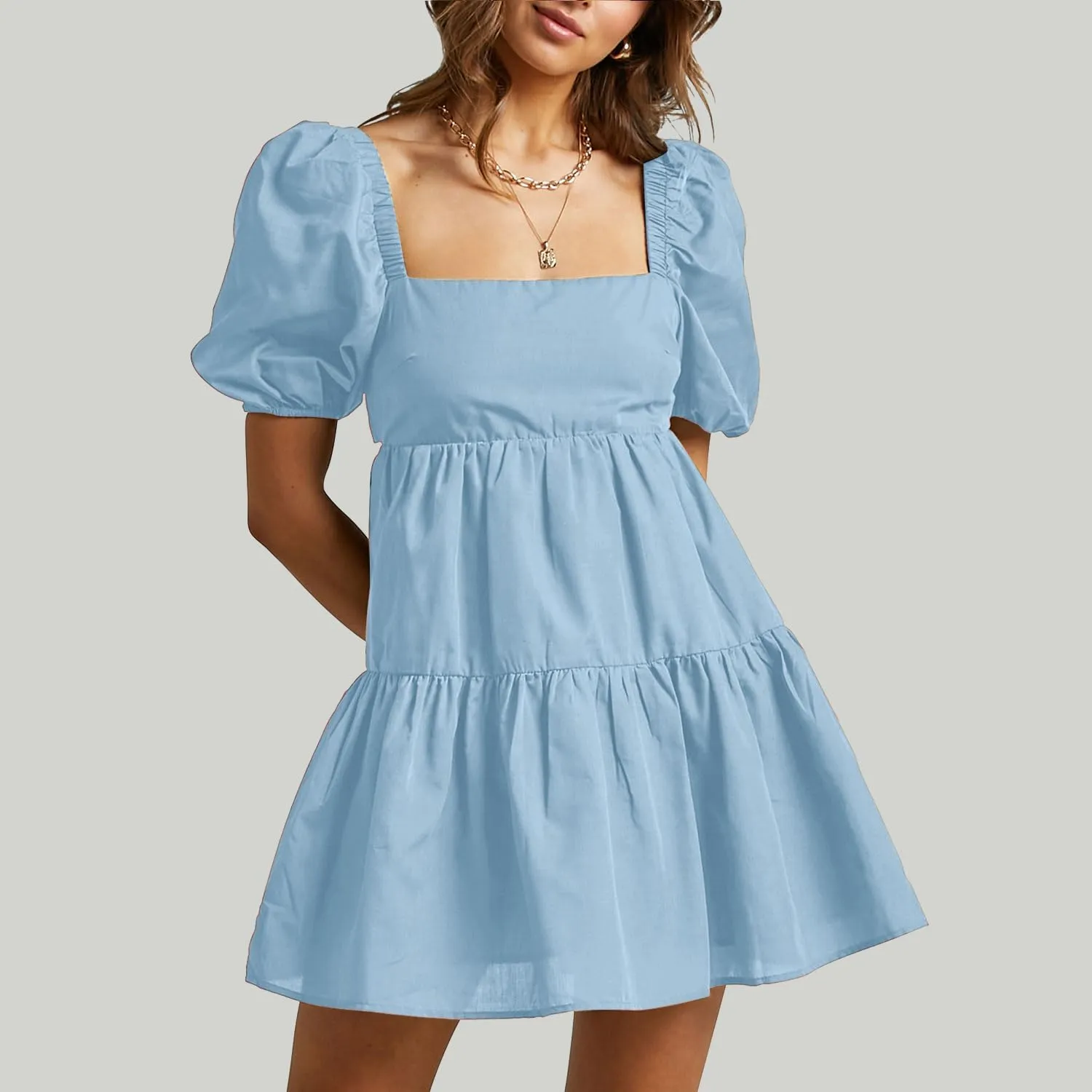 OWNGIGI Women's Summer Dress Square Neck Puffy Short Sleeve Loose Tie Back Casual A-Line Mini Dresses