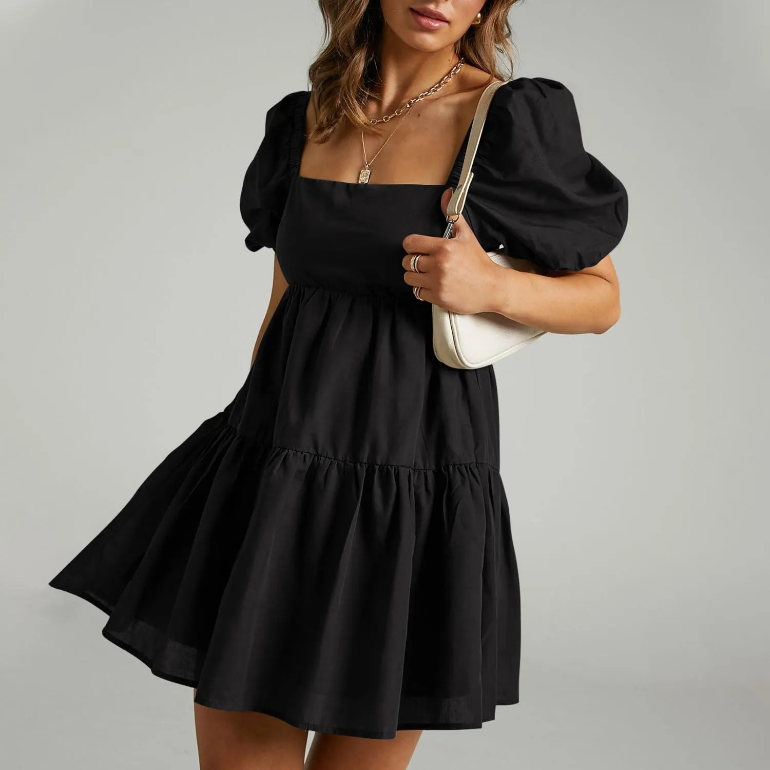 OWNGIGI Women's Summer Dress Square Neck Puffy Short Sleeve Loose Tie Back Casual A-Line Mini Dresses