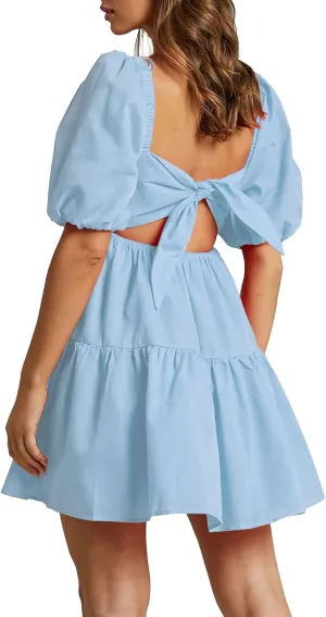 OWNGIGI Women's Summer Dress Square Neck Puffy Short Sleeve Loose Tie Back Casual A-Line Mini Dresses