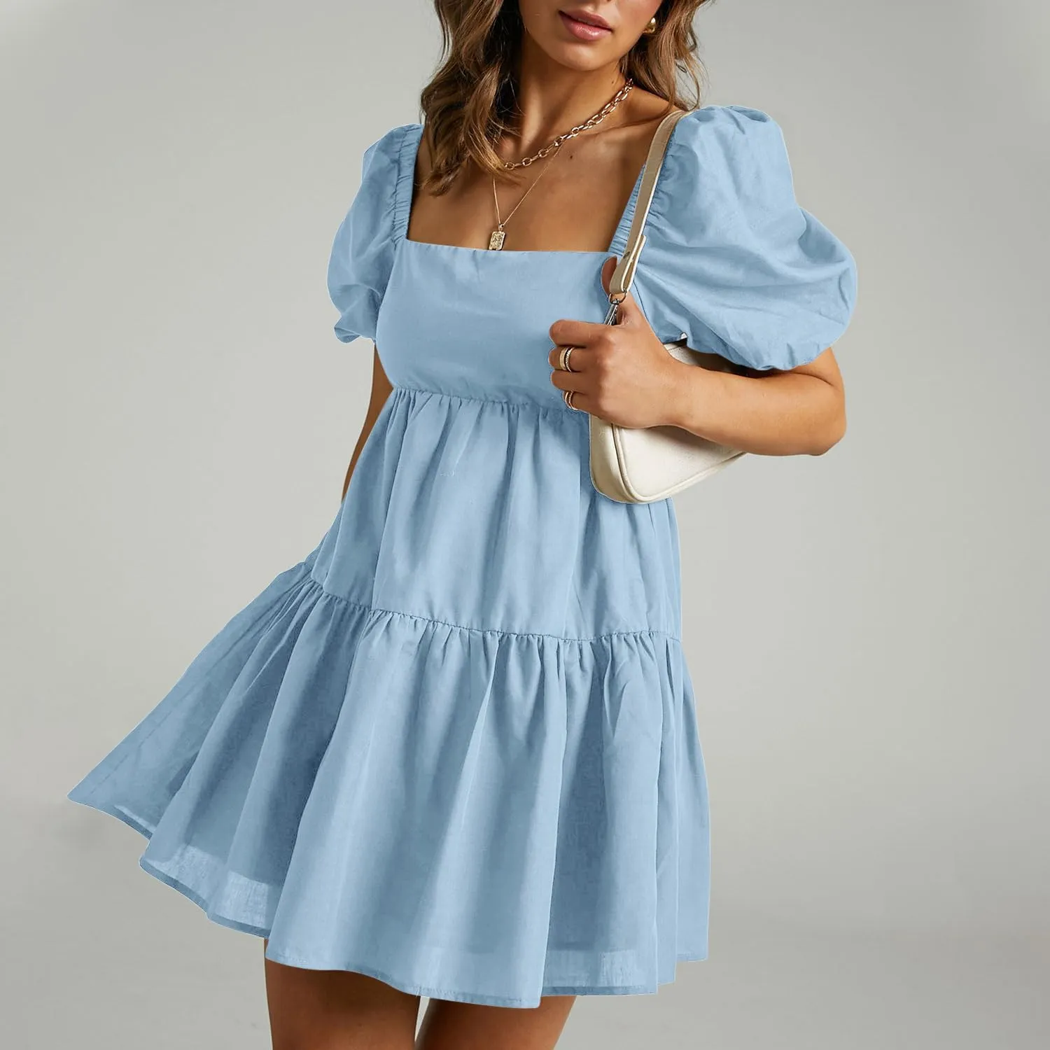 OWNGIGI Women's Summer Dress Square Neck Puffy Short Sleeve Loose Tie Back Casual A-Line Mini Dresses