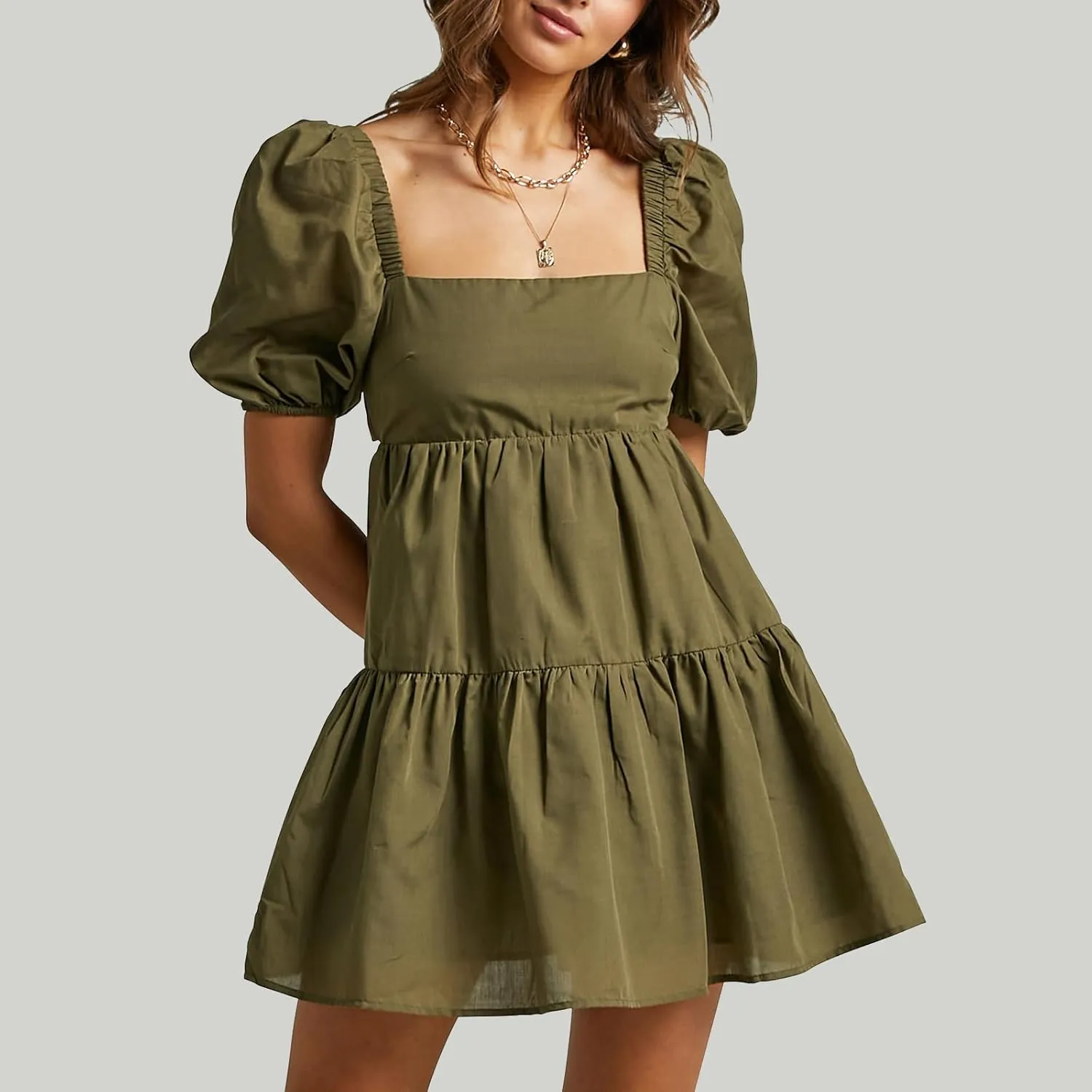 OWNGIGI Women's Summer Dress Square Neck Puffy Short Sleeve Loose Tie Back Casual A-Line Mini Dresses