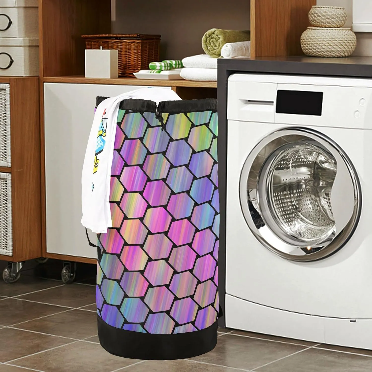 Oyihfvs Abstract Colorful Hexagonal Geometric Texture in Rainbow Color Backpack Laundry Bag, Laundry Backpack with Shoulder Straps, Waterproof Nylon Clothes Hamper Bag for Men Women Yoga Backpack