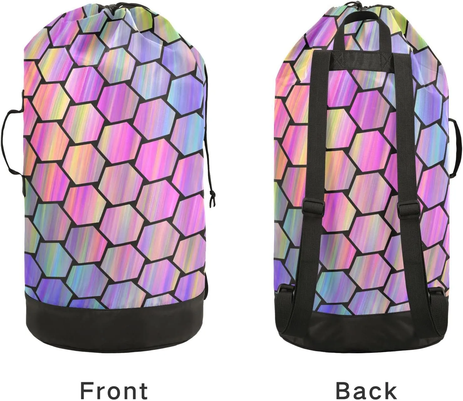 Oyihfvs Abstract Colorful Hexagonal Geometric Texture in Rainbow Color Backpack Laundry Bag, Laundry Backpack with Shoulder Straps, Waterproof Nylon Clothes Hamper Bag for Men Women Yoga Backpack