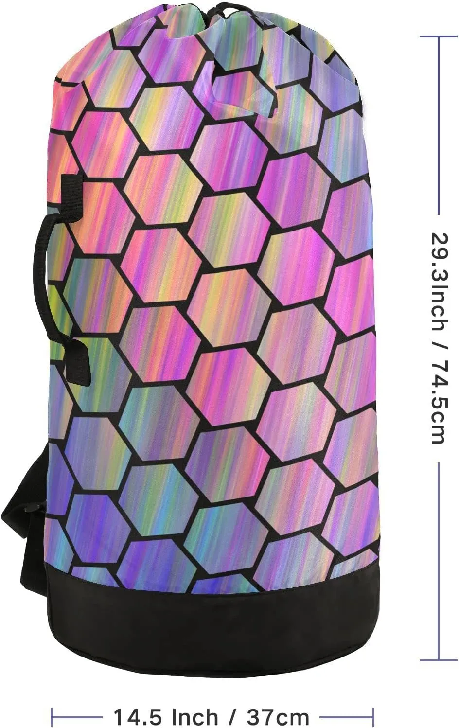 Oyihfvs Abstract Colorful Hexagonal Geometric Texture in Rainbow Color Backpack Laundry Bag, Laundry Backpack with Shoulder Straps, Waterproof Nylon Clothes Hamper Bag for Men Women Yoga Backpack
