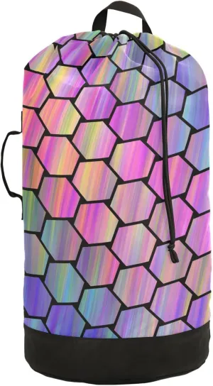 Oyihfvs Abstract Colorful Hexagonal Geometric Texture in Rainbow Color Backpack Laundry Bag, Laundry Backpack with Shoulder Straps, Waterproof Nylon Clothes Hamper Bag for Men Women Yoga Backpack