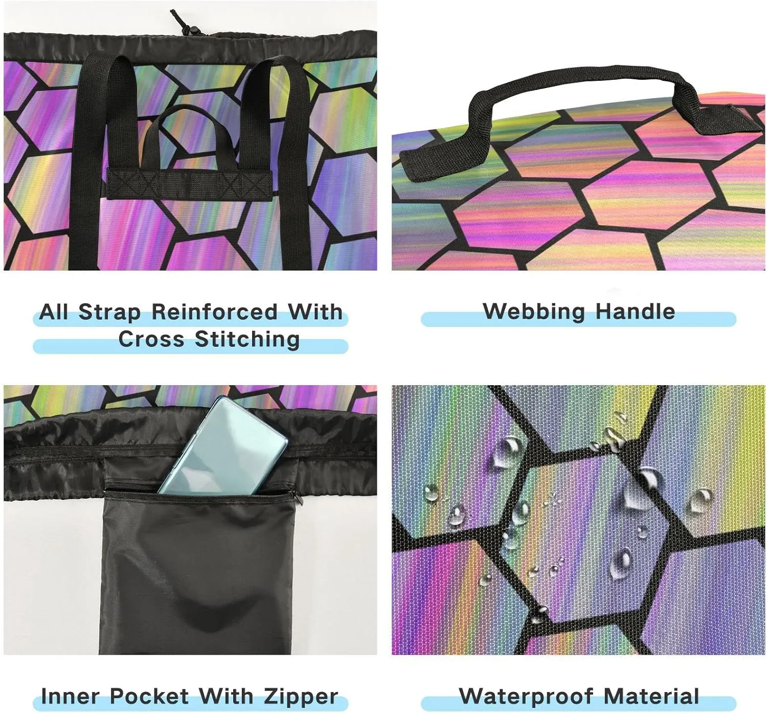 Oyihfvs Abstract Colorful Hexagonal Geometric Texture in Rainbow Color Backpack Laundry Bag, Laundry Backpack with Shoulder Straps, Waterproof Nylon Clothes Hamper Bag for Men Women Yoga Backpack