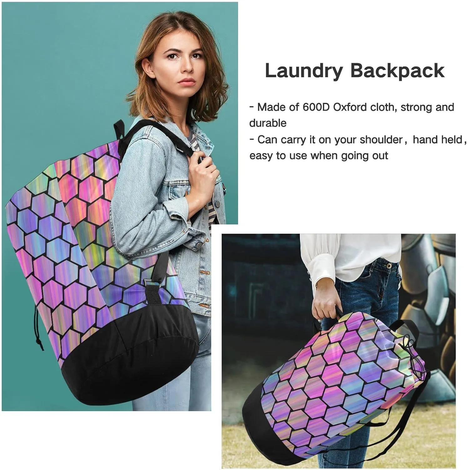 Oyihfvs Abstract Colorful Hexagonal Geometric Texture in Rainbow Color Backpack Laundry Bag, Laundry Backpack with Shoulder Straps, Waterproof Nylon Clothes Hamper Bag for Men Women Yoga Backpack