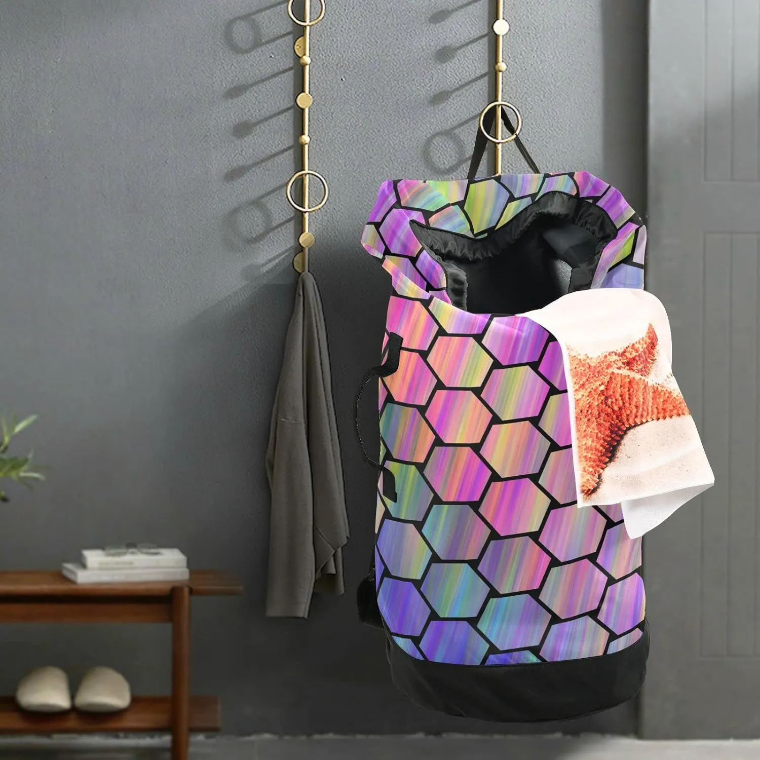 Oyihfvs Abstract Colorful Hexagonal Geometric Texture in Rainbow Color Backpack Laundry Bag, Laundry Backpack with Shoulder Straps, Waterproof Nylon Clothes Hamper Bag for Men Women Yoga Backpack