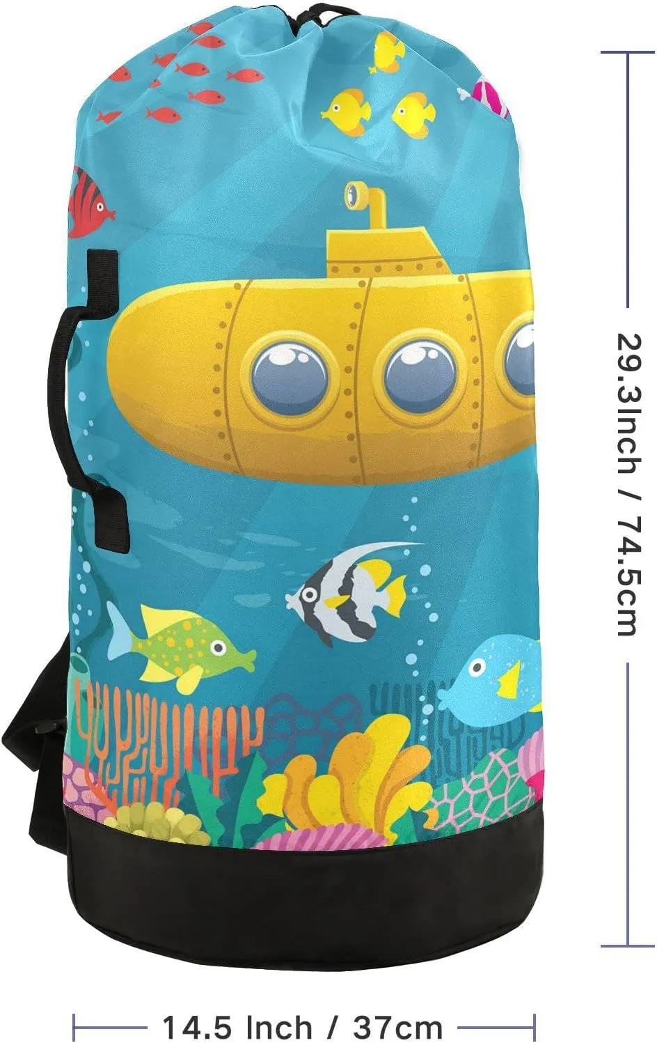 Oyihfvs Colorful Cartoon Yellow Submarine Fishes Underwater Backpack Laundry Bag, Laundry Backpack with Shoulder Straps, Waterproof Nylon Clothes Hamper Bag for Men Women Yoga Backpack
