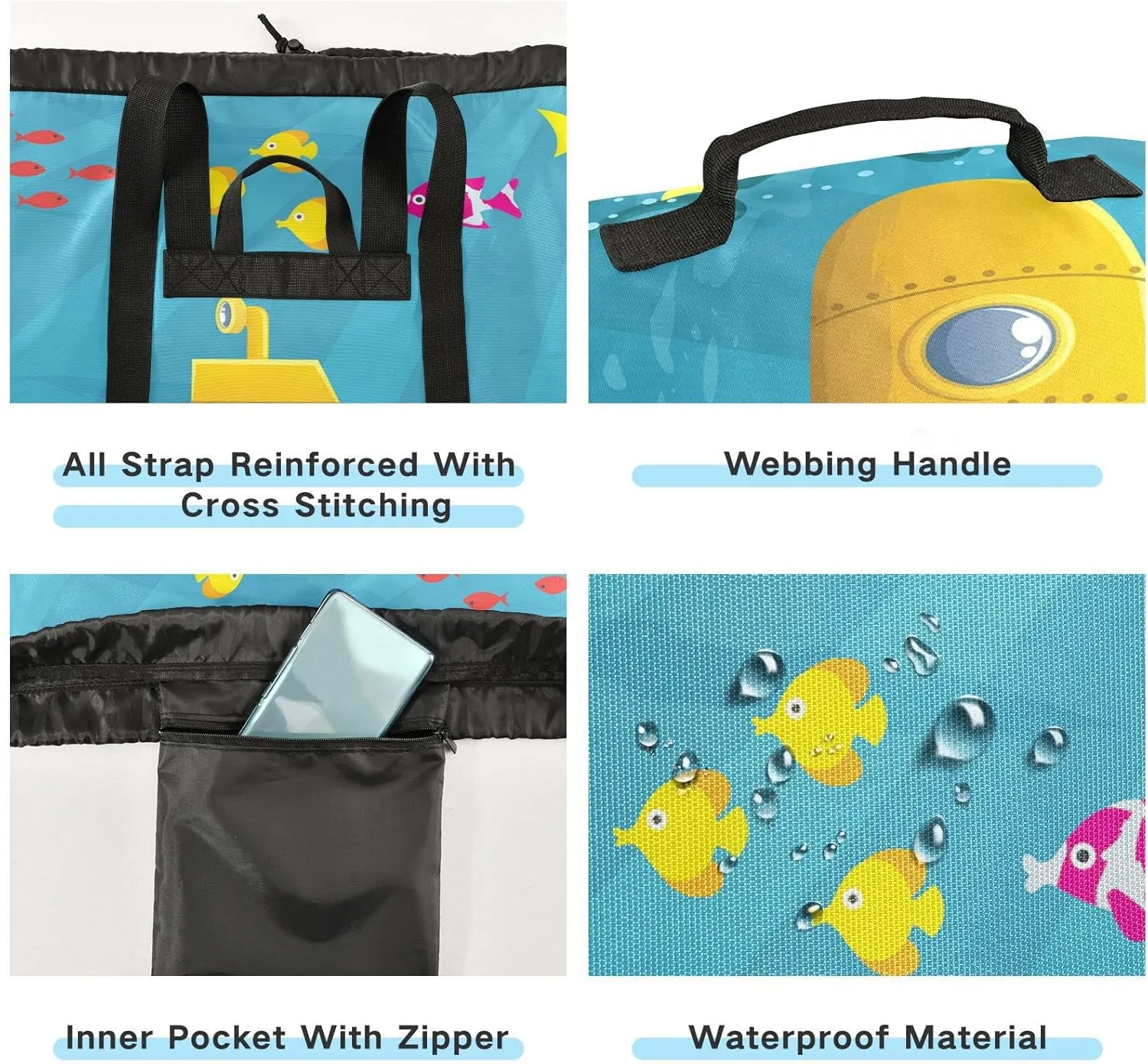 Oyihfvs Colorful Cartoon Yellow Submarine Fishes Underwater Backpack Laundry Bag, Laundry Backpack with Shoulder Straps, Waterproof Nylon Clothes Hamper Bag for Men Women Yoga Backpack