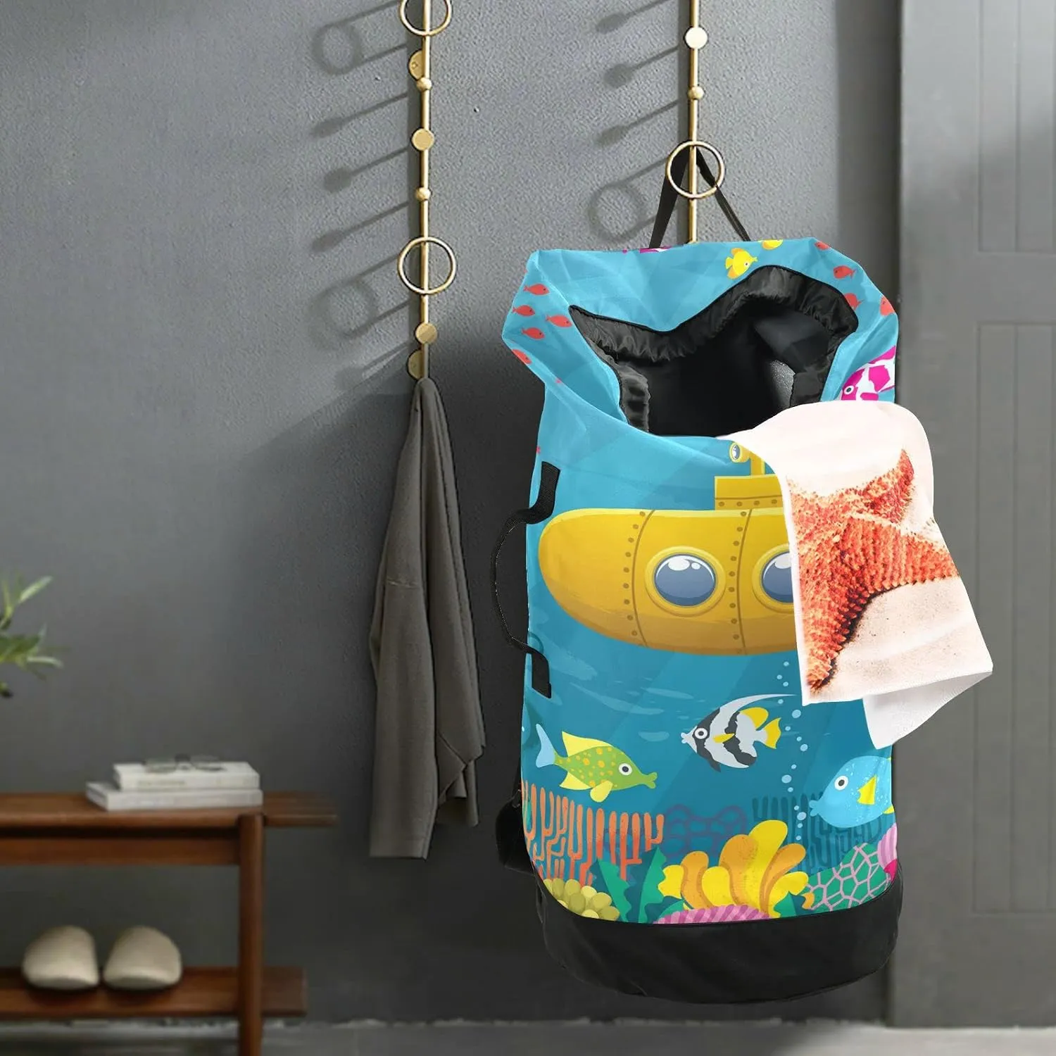 Oyihfvs Colorful Cartoon Yellow Submarine Fishes Underwater Backpack Laundry Bag, Laundry Backpack with Shoulder Straps, Waterproof Nylon Clothes Hamper Bag for Men Women Yoga Backpack