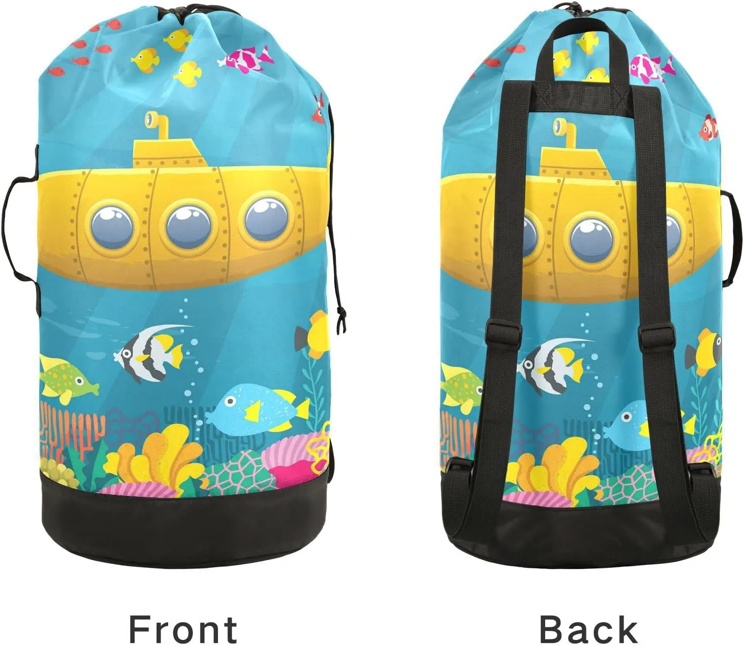 Oyihfvs Colorful Cartoon Yellow Submarine Fishes Underwater Backpack Laundry Bag, Laundry Backpack with Shoulder Straps, Waterproof Nylon Clothes Hamper Bag for Men Women Yoga Backpack