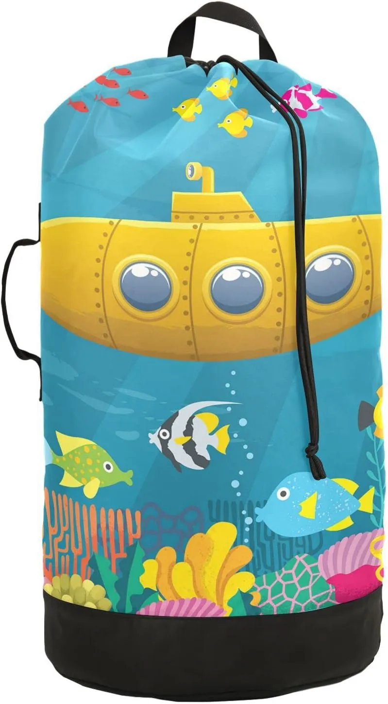 Oyihfvs Colorful Cartoon Yellow Submarine Fishes Underwater Backpack Laundry Bag, Laundry Backpack with Shoulder Straps, Waterproof Nylon Clothes Hamper Bag for Men Women Yoga Backpack