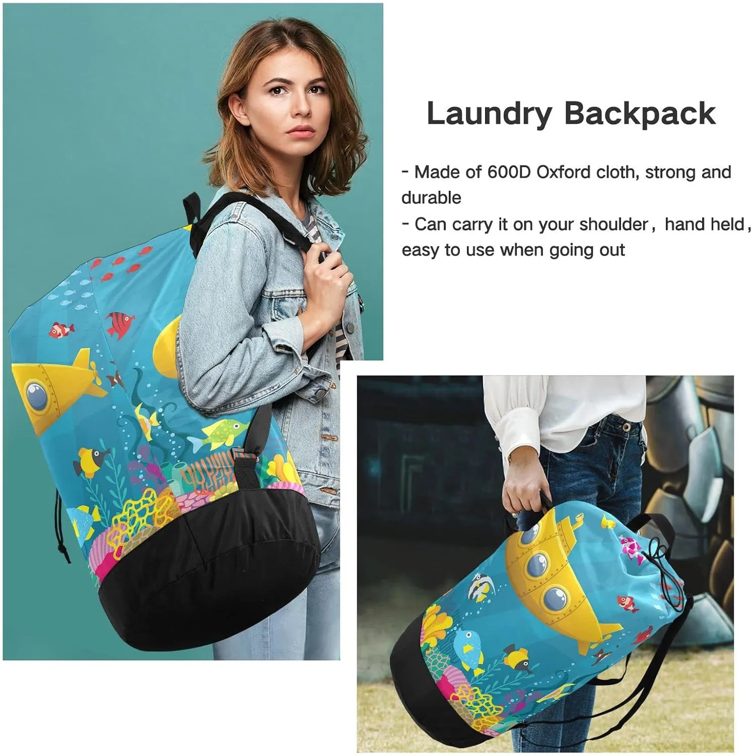 Oyihfvs Colorful Cartoon Yellow Submarine Fishes Underwater Backpack Laundry Bag, Laundry Backpack with Shoulder Straps, Waterproof Nylon Clothes Hamper Bag for Men Women Yoga Backpack