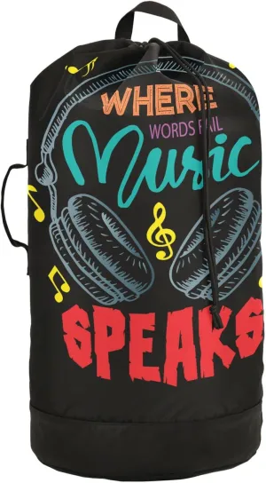 Oyihfvs Colorful Earphone with Where Words Fail, Music Speaks on Black Backpack Laundry Bag, Laundry Backpack with Shoulder Straps, Waterproof Nylon Clothes Hamper Bag for Men Women Yoga Backpack