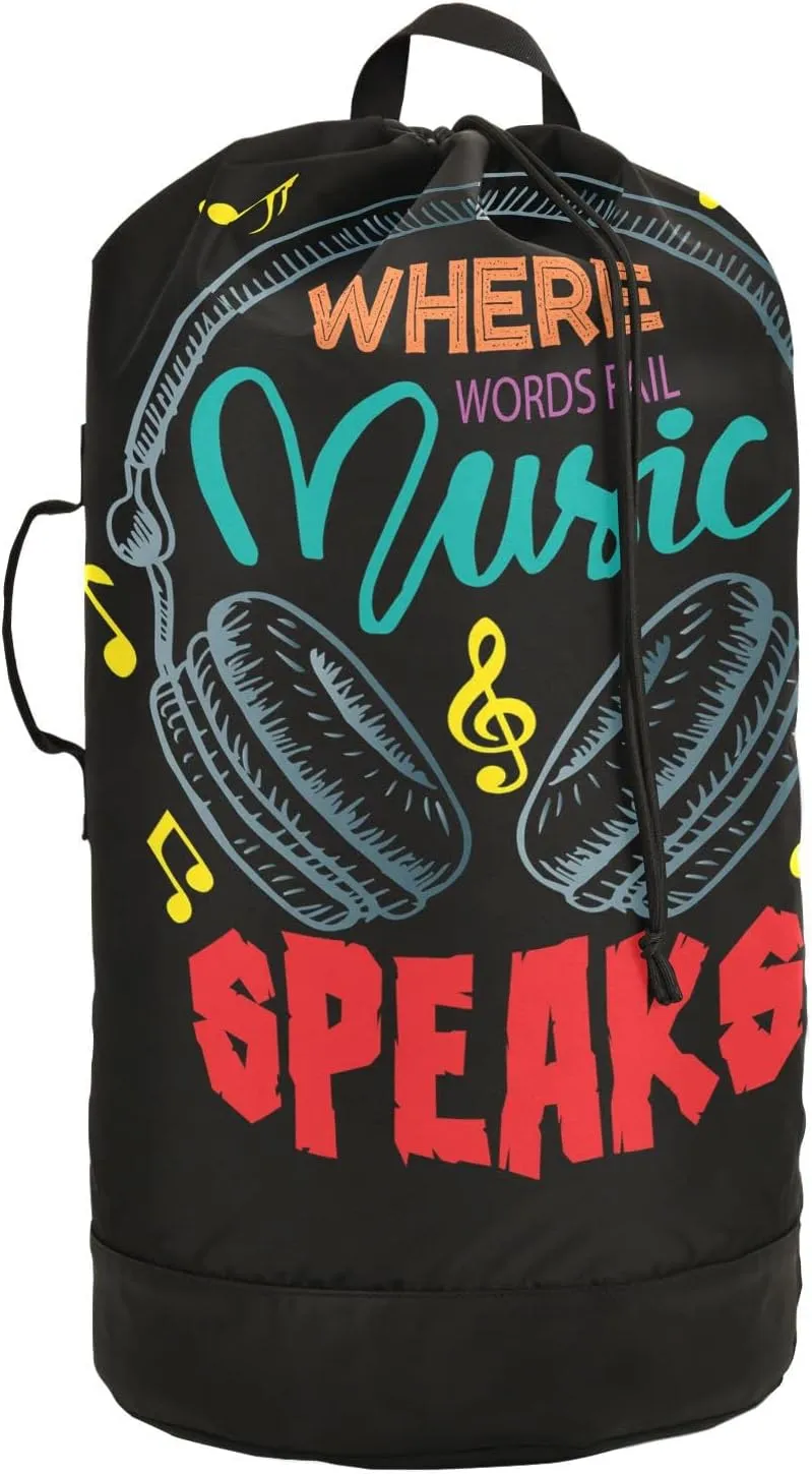Oyihfvs Colorful Earphone with Where Words Fail, Music Speaks on Black Backpack Laundry Bag, Laundry Backpack with Shoulder Straps, Waterproof Nylon Clothes Hamper Bag for Men Women Yoga Backpack