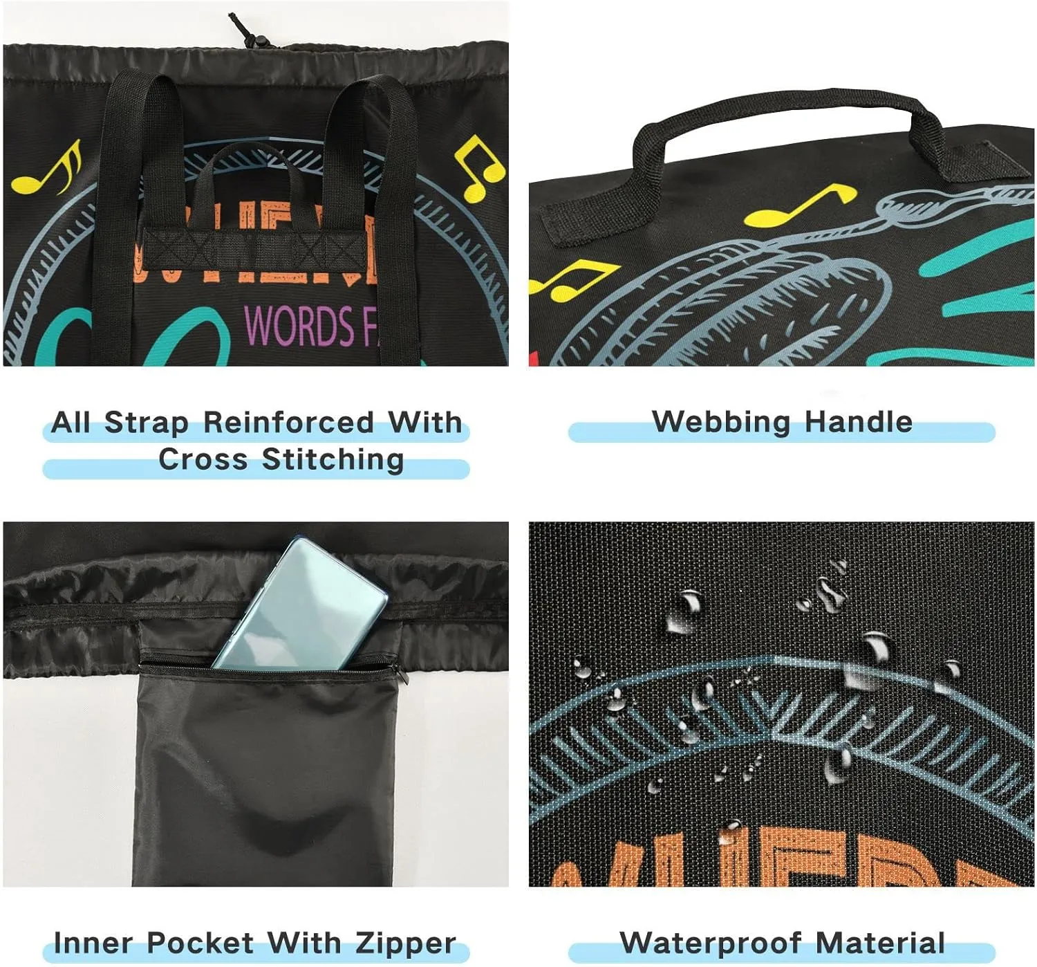 Oyihfvs Colorful Earphone with Where Words Fail, Music Speaks on Black Backpack Laundry Bag, Laundry Backpack with Shoulder Straps, Waterproof Nylon Clothes Hamper Bag for Men Women Yoga Backpack