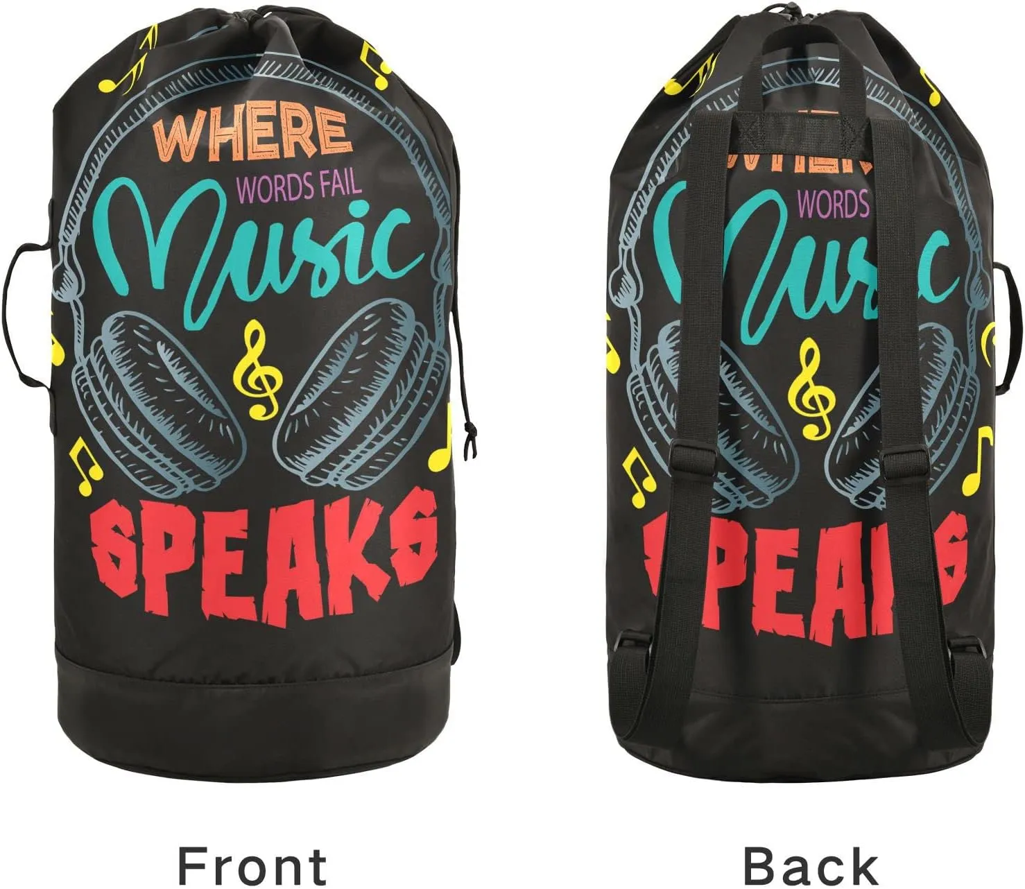 Oyihfvs Colorful Earphone with Where Words Fail, Music Speaks on Black Backpack Laundry Bag, Laundry Backpack with Shoulder Straps, Waterproof Nylon Clothes Hamper Bag for Men Women Yoga Backpack