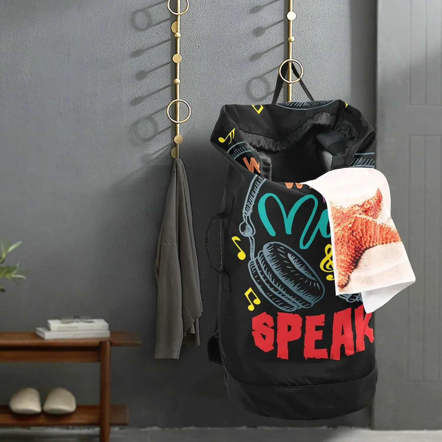 Oyihfvs Colorful Earphone with Where Words Fail, Music Speaks on Black Backpack Laundry Bag, Laundry Backpack with Shoulder Straps, Waterproof Nylon Clothes Hamper Bag for Men Women Yoga Backpack