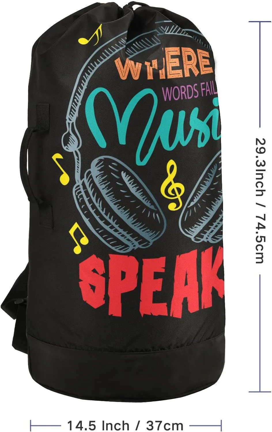 Oyihfvs Colorful Earphone with Where Words Fail, Music Speaks on Black Backpack Laundry Bag, Laundry Backpack with Shoulder Straps, Waterproof Nylon Clothes Hamper Bag for Men Women Yoga Backpack