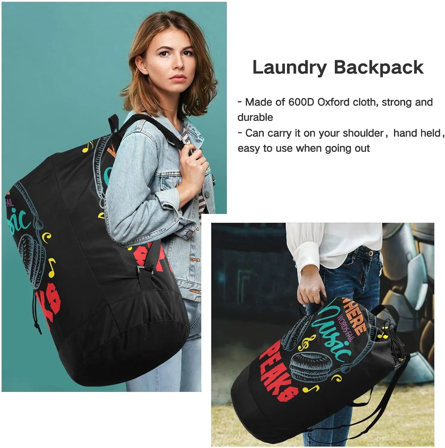 Oyihfvs Colorful Earphone with Where Words Fail, Music Speaks on Black Backpack Laundry Bag, Laundry Backpack with Shoulder Straps, Waterproof Nylon Clothes Hamper Bag for Men Women Yoga Backpack
